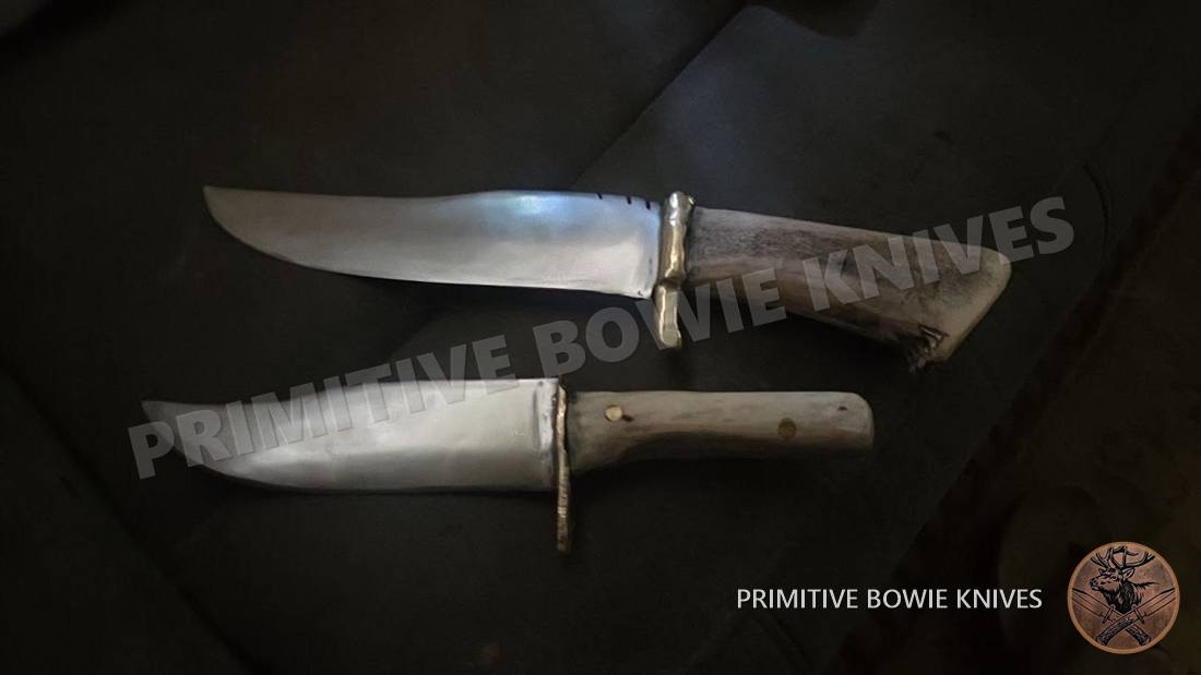 Pair of bowies with brass guards, a handmade knife with an elk stag handle