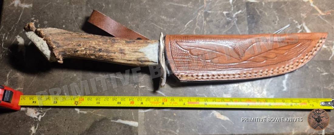 Stag bowie with tooled sheath, a handmade elk stag knife that has been sold