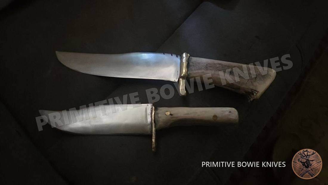 Two handmade Bowie knives with brass finger guards and pale elk stag handles